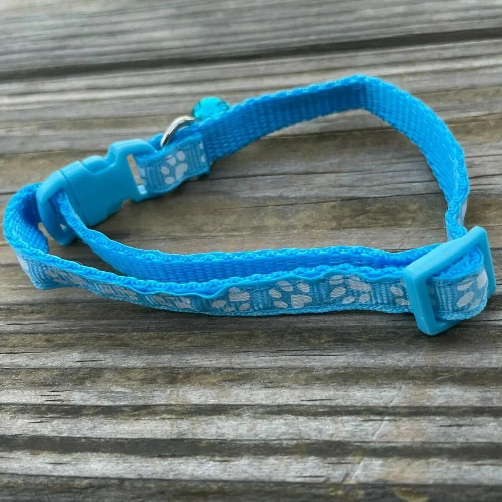 Cat Collar With Bell Adjustable Kitten Puppy Paw Print Blue Collars Adjustable